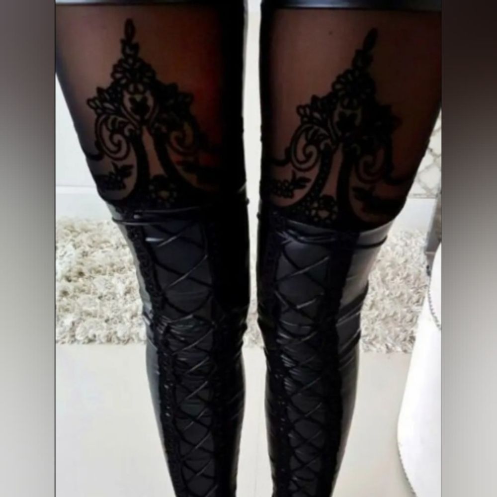 Ladies Elegant Black Lace Panel Leggings Sz Large - Picture 6 of 12